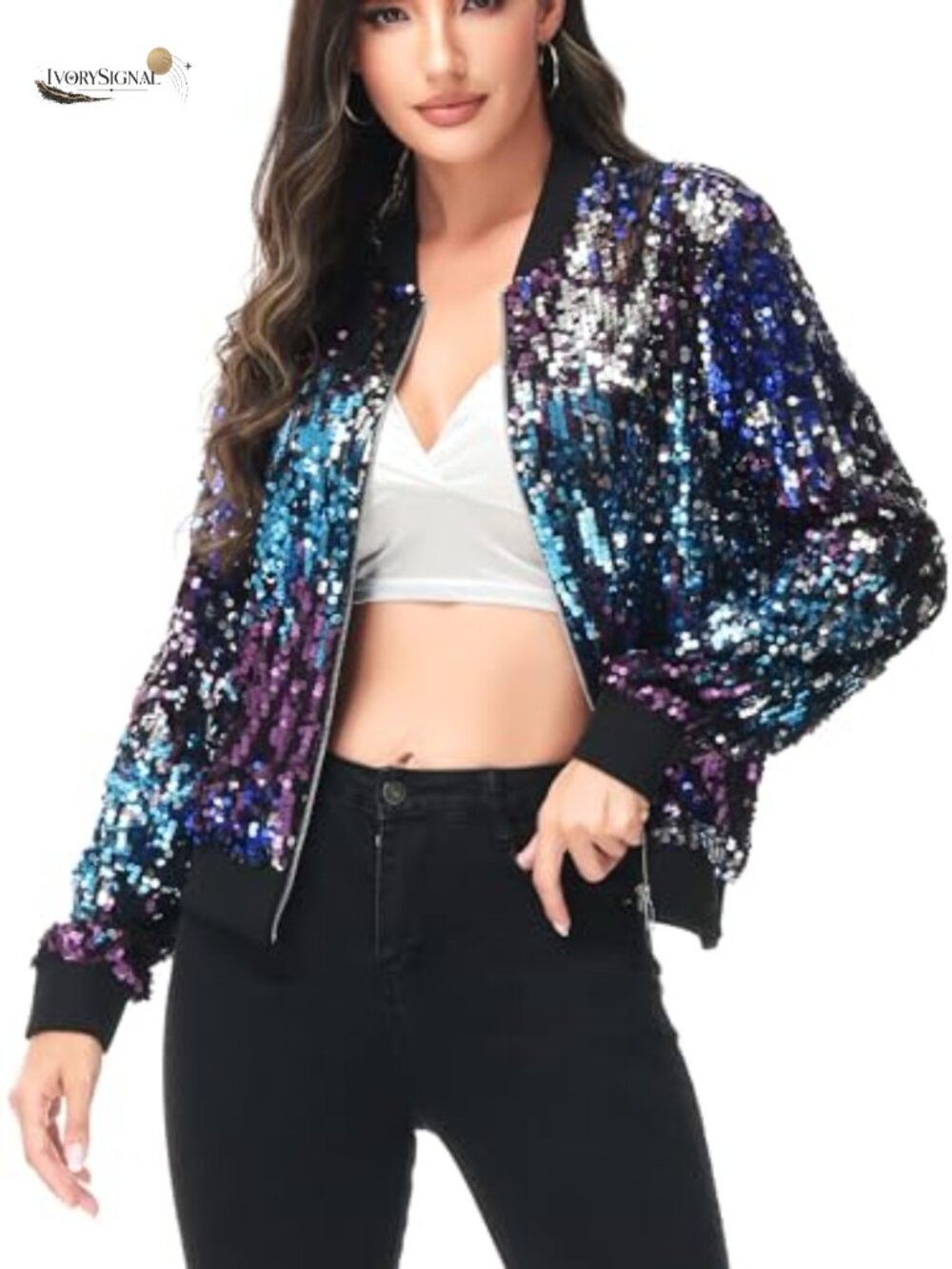 Sequin Bomber Jacket Sparkly Zip Up Coat Party Concert